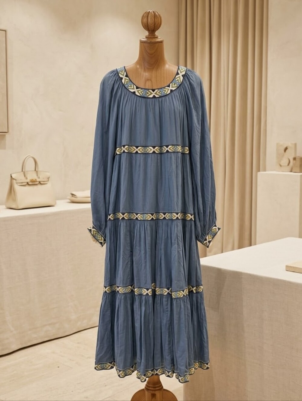 Tory Burch Embroidered Trim Balloon Dress – XL – Shadow Blue